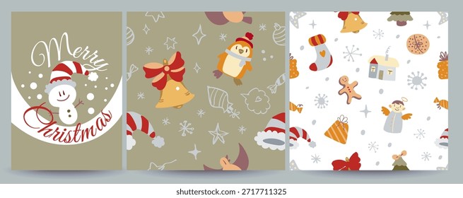 Conjunto de Vector que incluye 1 tarjeta de felicitación de redes sociales de Navidades y 2 patrones de vacaciones sin fisuras con garabatos. Festivo, acogedor y versátil para postes, Anuncios, envolturas para regalos, estampados, textiles y proyectos de diseño de temporada.