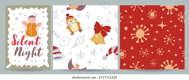 Conjunto de Vector que incluye 1 tarjeta de felicitación de redes sociales de Navidades y 2 patrones de vacaciones sin fisuras con garabatos. Festivo, acogedor y versátil para postes, Anuncios, envolturas para regalos, estampados, textiles y proyectos de diseño de temporada.