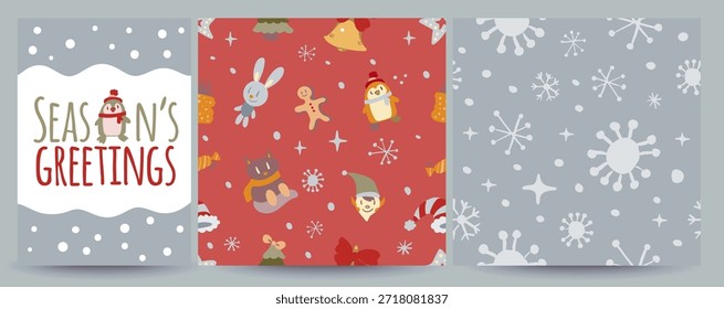 Conjunto de Vector que incluye 1 tarjeta de felicitación de redes sociales de Navidades y 2 patrones de vacaciones sin fisuras con garabatos. Festivo, acogedor y versátil para postes, Anuncios, envolturas para regalos, estampados, textiles y proyectos de diseño de temporada.