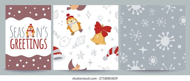 Conjunto de Vector que incluye 1 tarjeta de felicitación de redes sociales de Navidades y 2 patrones de vacaciones sin fisuras con garabatos. Festivo, acogedor y versátil para postes, Anuncios, envolturas para regalos, estampados, textiles y proyectos de diseño de temporada.