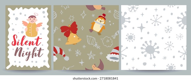 Conjunto de Vector que incluye 1 tarjeta de felicitación de redes sociales de Navidades y 2 patrones de vacaciones sin fisuras con garabatos. Festivo, acogedor y versátil para postes, Anuncios, envolturas para regalos, estampados, textiles y proyectos de diseño de temporada.