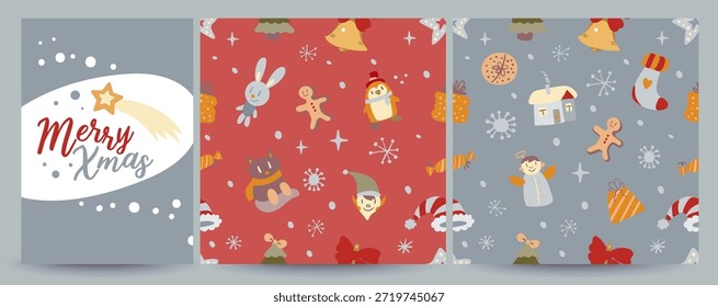 Vector set including 1 Christmas social media greeting card and 2 seamless holiday patterns with doodles. Festive, cozy and versatile for posts, banners, gift wrap, prints, textiles and seasonal design projects.