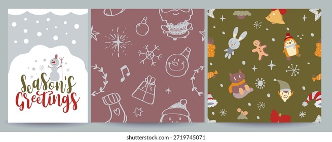 Conjunto de Vector que incluye 1 tarjeta de felicitación de redes sociales de Navidades y 2 patrones de vacaciones sin fisuras con garabatos. Festivo, acogedor y versátil para postes, Anuncios, envolturas para regalos, estampados, textiles y proyectos de diseño de temporada.