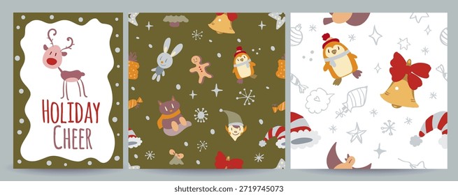 Conjunto de Vector que incluye 1 tarjeta de felicitación de redes sociales de Navidades y 2 patrones de vacaciones sin fisuras con garabatos. Festivo, acogedor y versátil para postes, Anuncios, envolturas para regalos, estampados, textiles y proyectos de diseño de temporada.