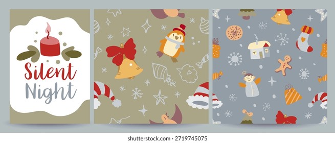 Conjunto de Vector que incluye 1 tarjeta de felicitación de redes sociales de Navidades y 2 patrones de vacaciones sin fisuras con garabatos. Festivo, acogedor y versátil para postes, Anuncios, envolturas para regalos, estampados, textiles y proyectos de diseño de temporada.