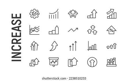 Vector set of increase thin line icons. Design of 20 stroke pictograms. Signs of increase isolated on a white background.