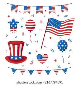 Vector set for Independence day. American flag. Collection with USA flags, hat and ballons. USA celebration.