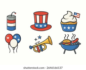 Vector set of Independence Day elements including balloons, BBQ grill, trumpet, patriotic hat, soda, and ice cream