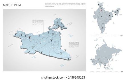 Vector set of India country.  Isometric 3d map, India map, Asia map - with region, state names and city names.