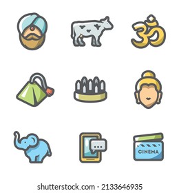 Vector Set of India Icons. Hindu, Sacred Animal, Aum, Tea, Yoga, Krishna, Elephant, Electronic, Bollywood.