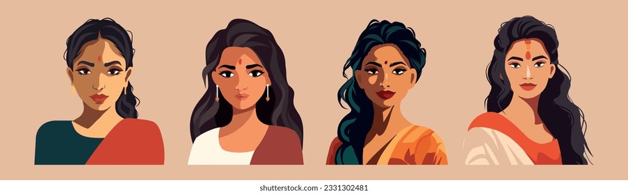 Vector conjunto de avatar de la mujer india en sari. Muchachas indias preparadas. Retrato de una joven india con un vestido tradicional. Icono de avatar de dibujos animados