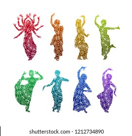 Vector set of indian dancers with ethnic floral mandala ornament on silhouettes isolated on white background