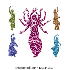 Vector set of indian dancers with ethnic floral mandala ornament on silhouettes isolated on white background