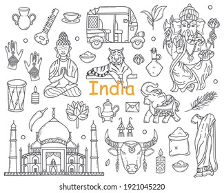 Vector Set of Indian Doodle Elements, Landmark, National Symbols in Sketch style.Hand Drawn Line Traditional Culture Symbols of the India Country.