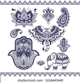 Vector set of Indian elements. Lotus, paisley, elephan, hamsa, floral ornaments