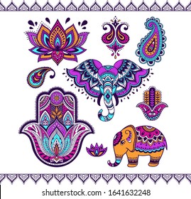 Vector set of Indian elements. Lotus, paisley, elephan, hamsa, floral ornaments