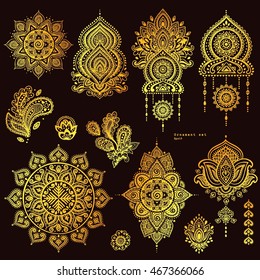 Vector set of Indian floral paisley ornaments. Persian Ethnic Mandala lotus icon. Henna tattoo style banners could be used as greeting card, business card, phone case print, shirt print, coloring book