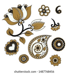 Vector set of indian folk ornamental elements. Collection of terms for creative design. Ethnic kalamkari ornament. Floral paisley decorative patterns in oriental style