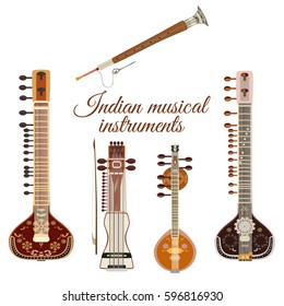 Vector set of indian musical instruments, flat style. Sarangi, sitar, saraswati veena and shehnai icons isolated on white background.