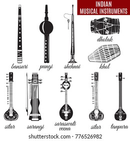 Vector set of indian musical instruments, flat style. Sarangi, sitar, saraswati veena, shehnai, bansuri, pungi, dholak and khol icons isolated on white background.