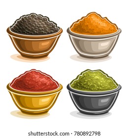 Vector set of Indian spices in bowls, heap of dried black pepper, oriental condiment curry, homemade seasoning chili or paprika powder, green ground fennel seed, set of spices icons for indian cuisine