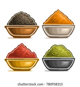 Vector set of Indian spices in bowls, heap of dried black pepper, oriental condiment curry, homemade seasoning chili or paprika powder, green ground fennel seed, set of spices icons for indian cuisine
