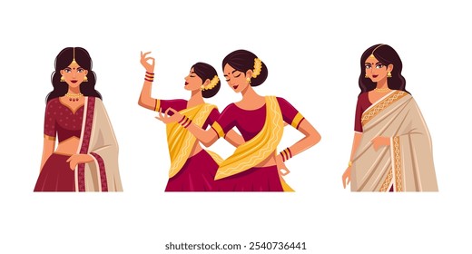 Conjunto de Vector de mujer india en vestido tradicional