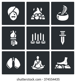 Vector Set of Indian Yoga Icons. Yogi, Burning coal, Fakir, Fire, Walking on nails, Swallowing a knife, Breathing technique, Meditation. Hindu, Fireplace, Snake, Torch, Sword, Light, Man, Foot