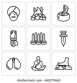 Vector Set of Indian Yoga Icons. Yogi, Burning coal, Fakir, Fire, Walking on nails, Swallowing a knife, Breathing technique, Meditation.