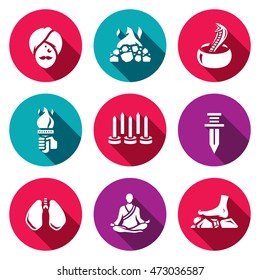 Vector Set of Indian Yoga Icons. Yogi, Burning coal, Fakir, Fire, Walking on nails, Swallowing a knife, Breathing technique, Meditation.