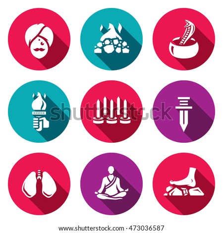 Vector Set of Indian Yoga Icons. Yogi, Burning coal, Fakir, Fire, Walking on nails, Swallowing a knife, Breathing technique, Meditation.