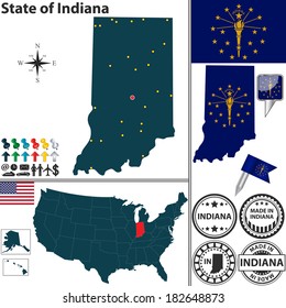 Vector set of Indiana state with flag and icons on white background