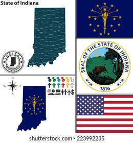 Vector set of Indiana state with seal, flag and icons on white background