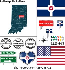 Vector set of Indianapolis, Indiana in USA with flag and icons on white background