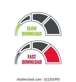 Vector Set Of Indicators Of Loading Speed On The Internet. Slow And Fast Scale Download.