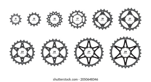 Vector set of individual gears at a bicycle cassette. Isolated on white background.