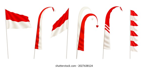 Vector set Indonesian red   white flags   national colours   balinese style Independent Day decorations 