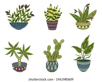 Vector set of indoor flowers in pots. Beautiful home plants in ceramic pots isolated on white background. Icons in a flat style, colored doodles. Hand drawn vector home flowers for interior