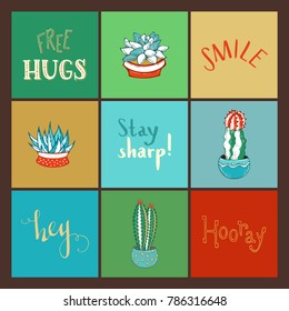 Vector set of indoor plant icons. Indoor cacti and succulents with spines, flowers and without them in flower pots. Hey. Stay sharp! Free hugs. Hooray. Smile.