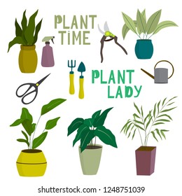 Vector set of indoor plant in pot with watering can, scissors, pruner and pulverizer