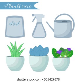 Vector set of indoor plants care icons: package of soil, flowerpots, watering pot, spray. Flat style.
