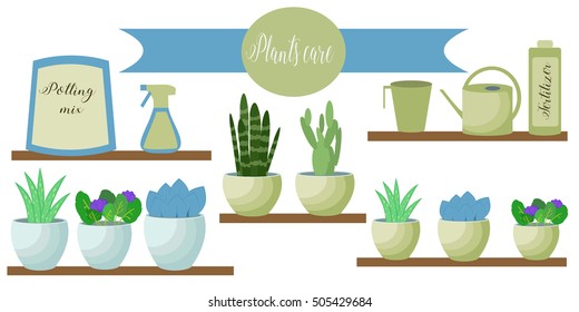 Vector set of indoor plants care icons: package of soil, fertilizer, flowerpots, measuring glass, watering pot, spray. Flat style.