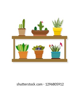 Vector. Set of indoor plants on the shelves. Various flowers, plants in pots isolated on white. Great for flower shop banner, poster, prints. Set of elements for design a flat, office,house interior. 