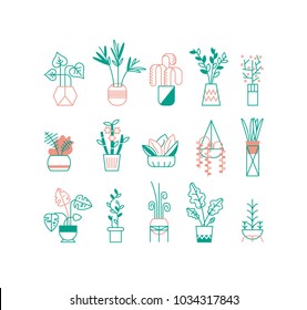 Vector Set of indoor plants. Trendy line style. Set of elements for design office, room or house.