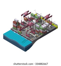 Vector set with industrial construction cranes that make loading, delivery and unloading of containers on the territory of the port warehouse. Shipping process.3D isometric concept.