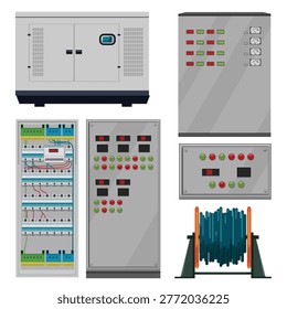 Vector set of industrial electrical equipment. Flat design power generator, control panels, open fuse box with wiring, and cable reel. Technical assets for power plant and data center infographics.