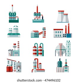 Vector set of industrial factory buildings. Elements for sites, advertising brochures, flayers, posters and info graphics. Flat cartoon vector illustration. Objects isolated on a white background.