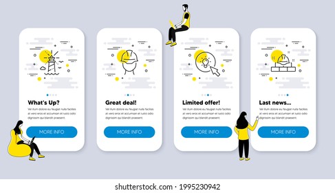 Vector Set of Industrial icons related to Energy, Foreman and Lighthouse icons. UI phone app screens with people. Construction bricks line symbols. Vector