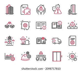 Vector Set of Industrial icons related to Engineering team, Cogwheel and Engineering documentation icons. Lift, Strategy and Buildings signs. Lighthouse, Warning and Parcel shipping. Vector