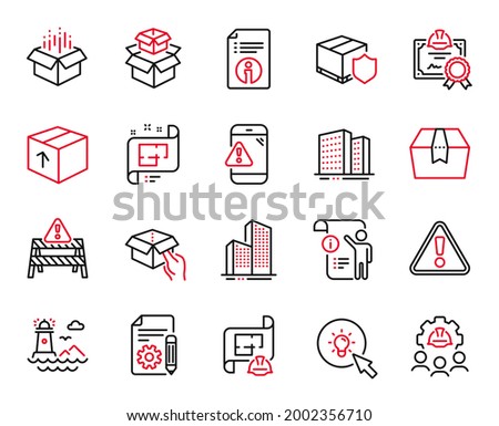 Vector Set of Industrial icons related to Skyscraper buildings, Warning road and Energy icons. Lighthouse, Package box and Delivery insurance signs. Skyscraper buildings web symbol. Vector